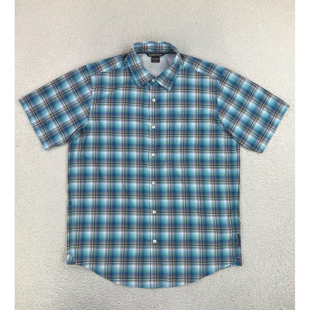 ExOfficio Shirt Mens Large Blue Plaid Short Sleeve Button Up Travel Outdoor